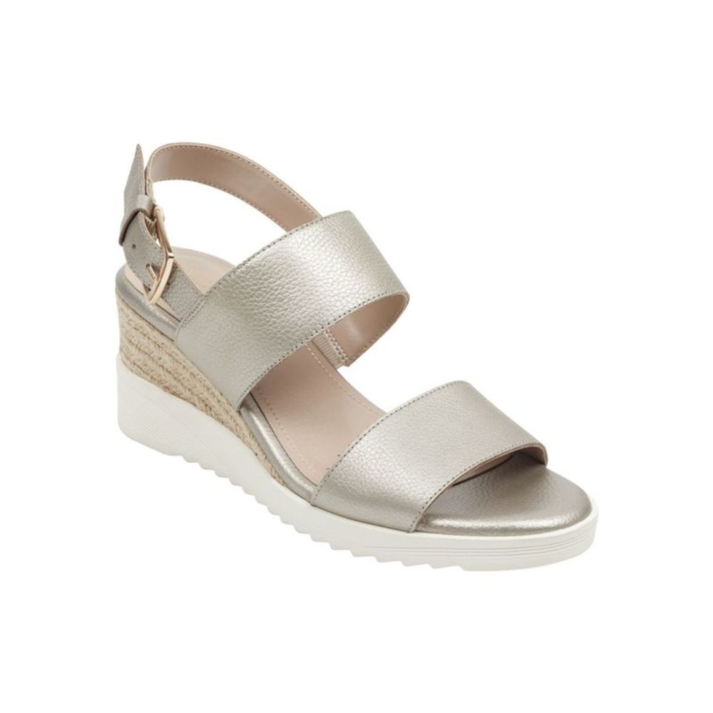 EVOLVE Womens Silver Metallic Strappy Zen Round Toe Wedge Leather Sandals 8 M